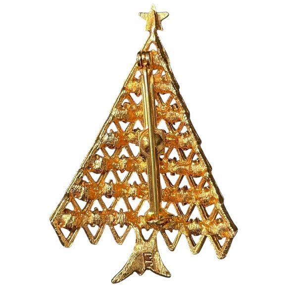 Vintage JJ Signed Christmas Tree Brooch Pin Gold Tone Rhinestone Holiday 2.25" - Picture 4 of 8